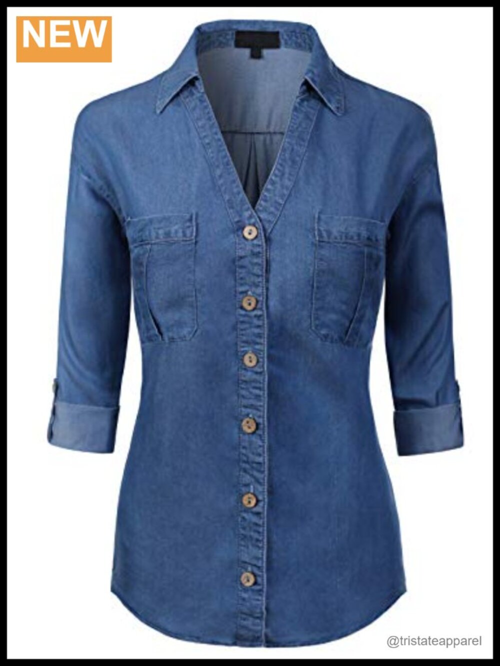 V Neck Tencel Button Down Shirt Long Sleeve Chambray
